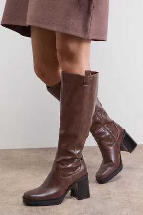 Oasis Womens Marina Faux Leather Round Toe Platform High Block Heel Knee Boot - Brown - Size UK 4
