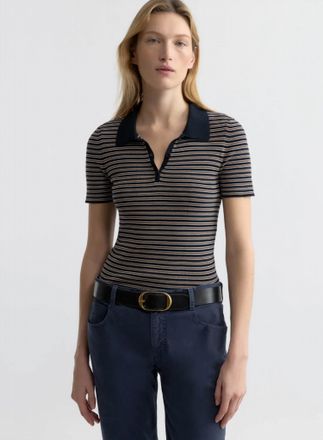 Nili Lotan Gemmatta Polo Top In Dark Navy/brown Stripe