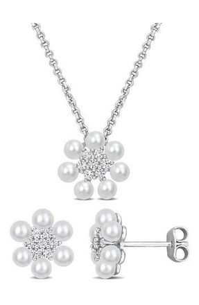 Delmar Cultured Pearl & Lab Grown White Sapphire Necklace & Earrings Set in Pearl/White Sapphire at Nordstrom Rack