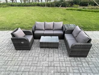 Fimous Patio Garden Furniture Sets Wicker 6 Seater Outdoor Rattan Furniture Sofa Sets with Rectangular Coffee Table Reclining Chair in Dark Grey
