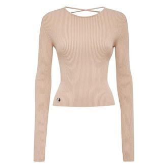Philipp Plein Gebreide Criss Cross Top - Dames - Ronde hals truien - Beige - L - Polyester - Truien & Vesten