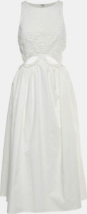 Self Portrait White Cotton And Guipure Lace Cut Out Midi Dress