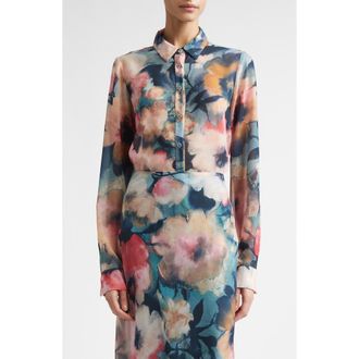 Lela Rose Abstract Floral Chiffon Button-Up Shirt in Mist Multi at Nordstrom, Size Medium