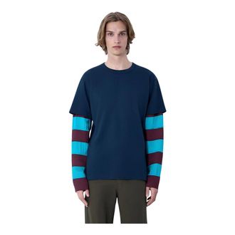 Dries Van Noten Long Sleeve Tops, male, Blue, Size: M Contras Sleeves T-Shirt