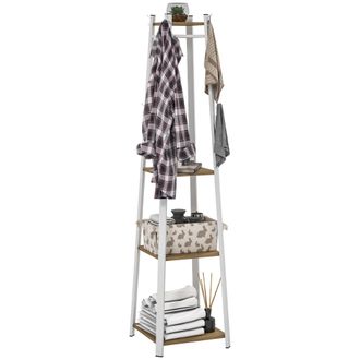 HOMCOM Clothes Rack With Storage - Garment Rack With 8 Hooks And 3-Tier Shelf - White/Oak | TJ Hughes White