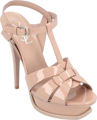 Saint Laurent Womens Calfskin Leather Tribute Patent Leather Platform Sandal, Never Worn (Authentic Pre-Loved)