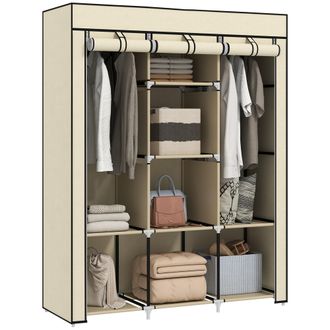 HOMCOM Fabric Portable Wardrobe with 8 Shelves 2 Hanging Rails - Cream | TJ Hughes