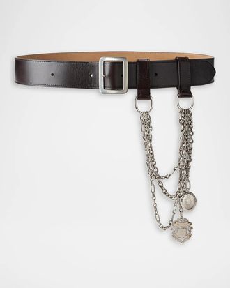 Ralph Lauren Collection Chain-Trim Washed Leather Wide Belt