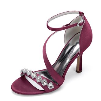 Generic Womens Bridal Satin Stiletto Sandals Dress Weddin Heel Formal Rhinestone Evening High Heels 9.5Cm,Burgundy,10 UK