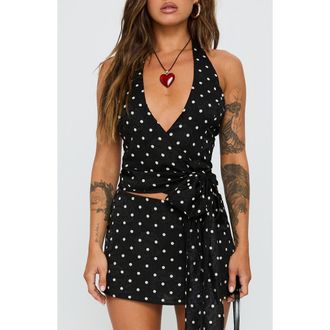Princess Polly Beffanie Wrap Halter Top & Skort Set in Black Polka Dot at Nordstrom, Size 12