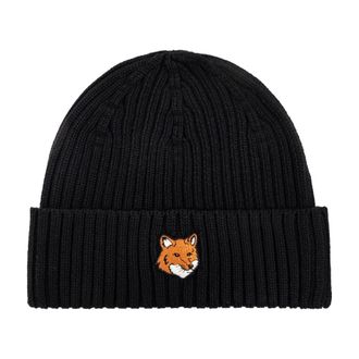 Maison Kitsun&eacute; Beanies, unisex, Black, Size: ONE SIZE Fox Head Beanie