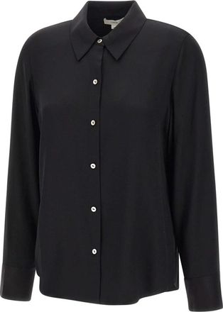 Vince Zijden Mix Slim Blouse met Knopen - Dames - Overhemden - Zwart - S - Leer - Overhemden