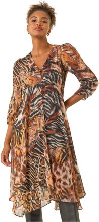 Roman Womens Animal Print Hanky Hem Dress - Brown - Size 12 UK
