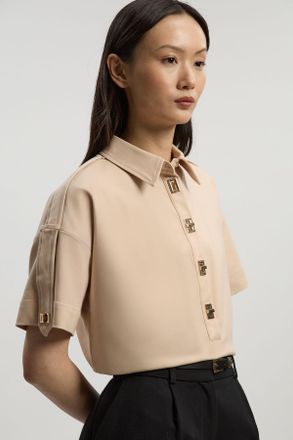 Karen Millen Womens Techno Cotton Woven Short Sleeve Hardwear Detail Shirt - Beige - Size 12 UK