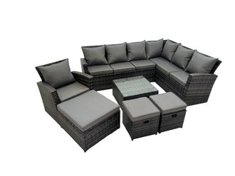 Fimous 10 Seater Garden Sofa Coffee Table Set with Chair 3 Footstools in Dark Grey
