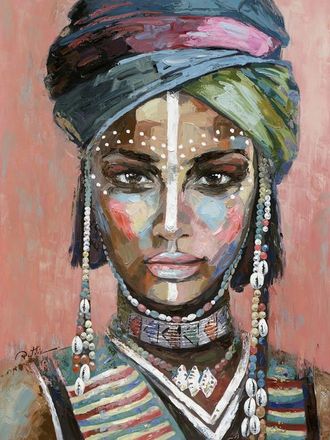 HERDASA Cuadro Mujer Turbante Fondo Salm&oacute;n 100x70x3 Cm