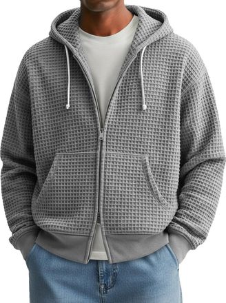 Generic Mens Full Zip Waffle Knit Hoodie with Pocket, Double Head Zipper Sweatshirt Textured Sweatshirt Retro Streetwear Casual Coats with Two Way Zip Jumper 