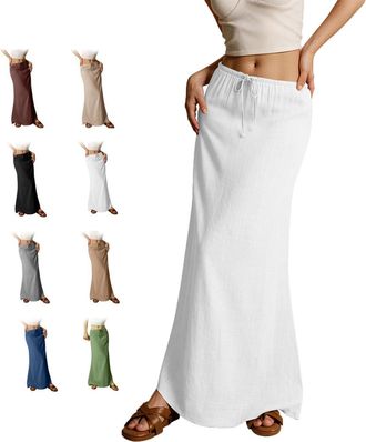 Generic 2025 Summer Linen Maxi Skirts for Women, Cute Vacation Boho Long Flowy Skirts, Comfy Drawstring Waist A Line Skirts (White,XXL)