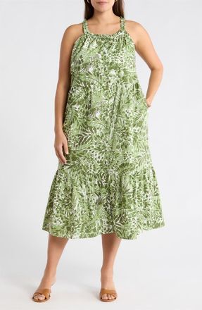Sugarlips Irenan Leaf Zelie Cotton Midi Dress in White/Olives at Nordstrom, Size 2 X