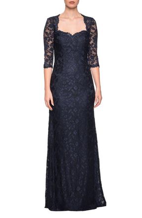 La Femme Long Lace Gown with Sweetheart Neckline in Navy at Nordstrom, Size 12