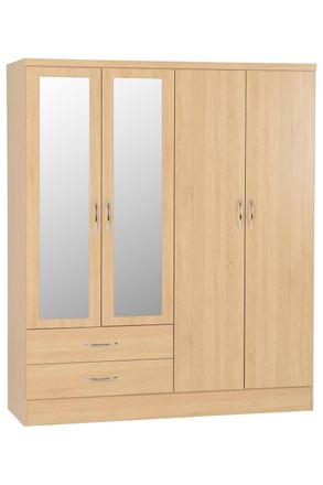 Seconique Nevada 4 Door 2 Drawer Mirrored Wardrobe in Light Oak