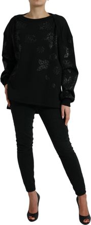 Dolce & Gabbana Womens Black Pullover Floral Logo Applique Sweater Nylon Elastane Clothing
