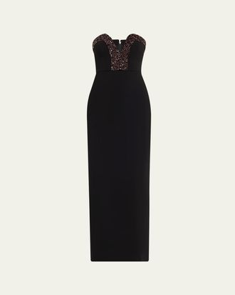 Halston Heritage Ila Bead-Trim Plunging Column Gown