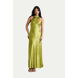 Warehouse Satin Tie Neck Cowl Maxi Dress in Olive at Nordstrom, Size 10