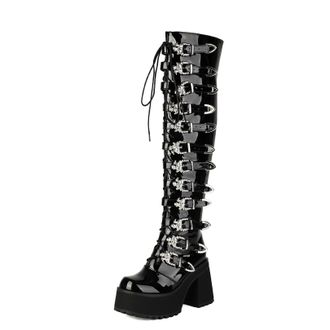 Generic Womens Lace Up Thigh High Boots with Zipper Chunky High Heel Platform Long Boot Round Toe Over The Knee Boots,Black2,6.5 UK