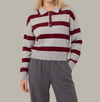 525 america Vera Double Johnny Collar Rugby Stripe Pullover In Grey Combo