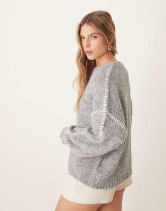 Jacqueline de Yong knitted sweater with stitch detail in light gray