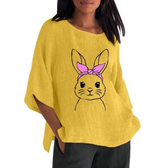 Generic HUIFUAO Womens Easter T Shirt Bunny Eggs Tee Shirt Cute Rabbit Graphic Tops 3/4 Sleeve Linen Blouse Crew Neck Tunic (Z02-Yellow, XXL)