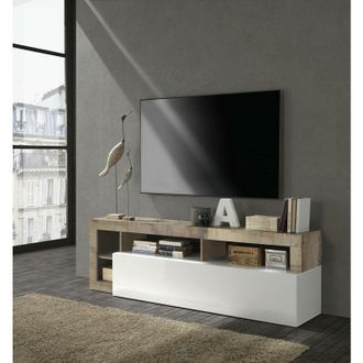 Dmora Mueble De Sal&oacute;n Con Soporte Para Tv Moderno Con Estantes, Aparador Bajo Con Puerta Abatible, Made In Italy, 184x58xh42 Cm, Color Blanco Y Pera - Dmora