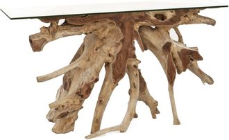 Moycor Consola ra&iacute;z de madera y cristal beige anch. 135 cm