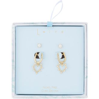 Leith Assorted 2-Pack Cubic Zirconia & Open Heart Drop Earrings in Clear- Gold at Nordstrom Rack