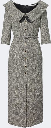 Alessandra Rich Belted cotton and wool-blend tweed midi dress