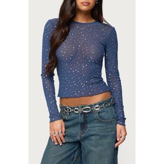 Edikted Anari Embellished Mesh Top in Blue at Nordstrom, Size X-Small