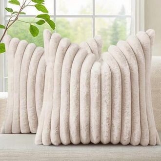 OEM Juego De Fundas De Almohada De Piel Sint&eacute;tica De 20x20 Cm (2 Piezas), Funda De Almohada De Terciopelo A Rayas De Color Neutro Con Reverso De Terciopel