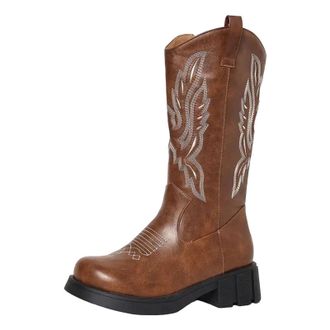 Generic Womens Retro Western Boots Mid Calf Round Toe Med Block Heel Slip On With Platform And Classic Embroidery Design