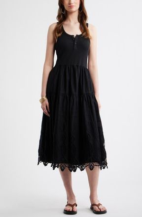 Treasure & Bond Embroidered Mixed Media Henley Tank Dress in Black at Nordstrom, Size Xx-Large