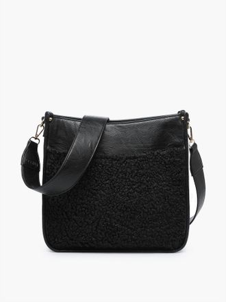 Jen & Co. Womens Chloe Teddy Trim Crossbody Bag With Guitar Strap In Black