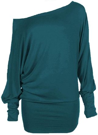 Crazy Girls Womens Long Sleeve One Off-Shoulder Plain Baggy Batwing Top UK8-24, Teal, 2XL (UK 20-22)