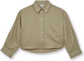 Reiss Solena Crop High-Low Linen Shirt in Green at Nordstrom, Size 10