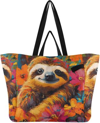 Generic Floral Sloth Colorful print Reusable Canvas Tote Bag, Heavy Duty Grocery Shopping Bag with Double Handles Large Capacity Hard Bottom Work Groceries Tr