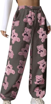 Generic Fleece Lounge Pants Women Winter Plush Fluffy Pajama Bear Printed Comfy Soft Warm Fleece Lounge Long Pants Cute Sleepwear Bottoms Plush Teddy Fur Loos