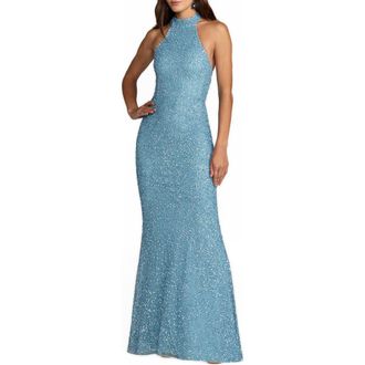 Mac Duggal Halter Neck Open Back Beaded Column Gown in Ice Blue at Nordstrom, Size 10
