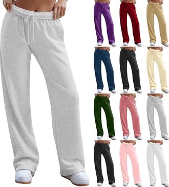 Generic Wide Leg Trousers for Women UK Solid Color Drawstring Elastic Waist Baggy Sweatpants Lightweight Loose Womens Cropped Pants Casual Everyday Lounge Pan