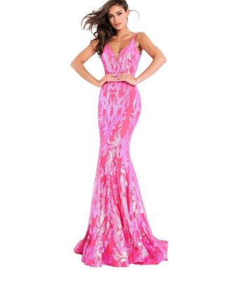 Jovani Plunging Neckline Fitted Dress In Hot Pink