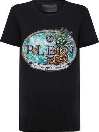 Philipp Plein Tops, Dames, Zwart, XS, Katoen, T-shirt Ronde Hals SS Stones Pineapple Skies