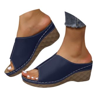 Generic Orthopedic Slippers with Arch Support for Women Comfortable Solid Color Breathable Orthotic Leather Platform Wedge Slip on Summer All Day Walking Beac